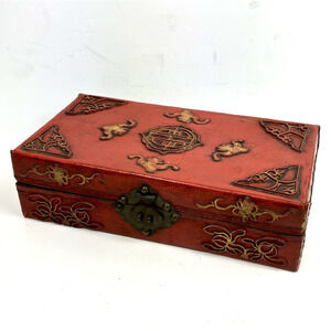 Antique 19th Century Handmade Leather Red Chinese Box Lacquered gold gilt symbol